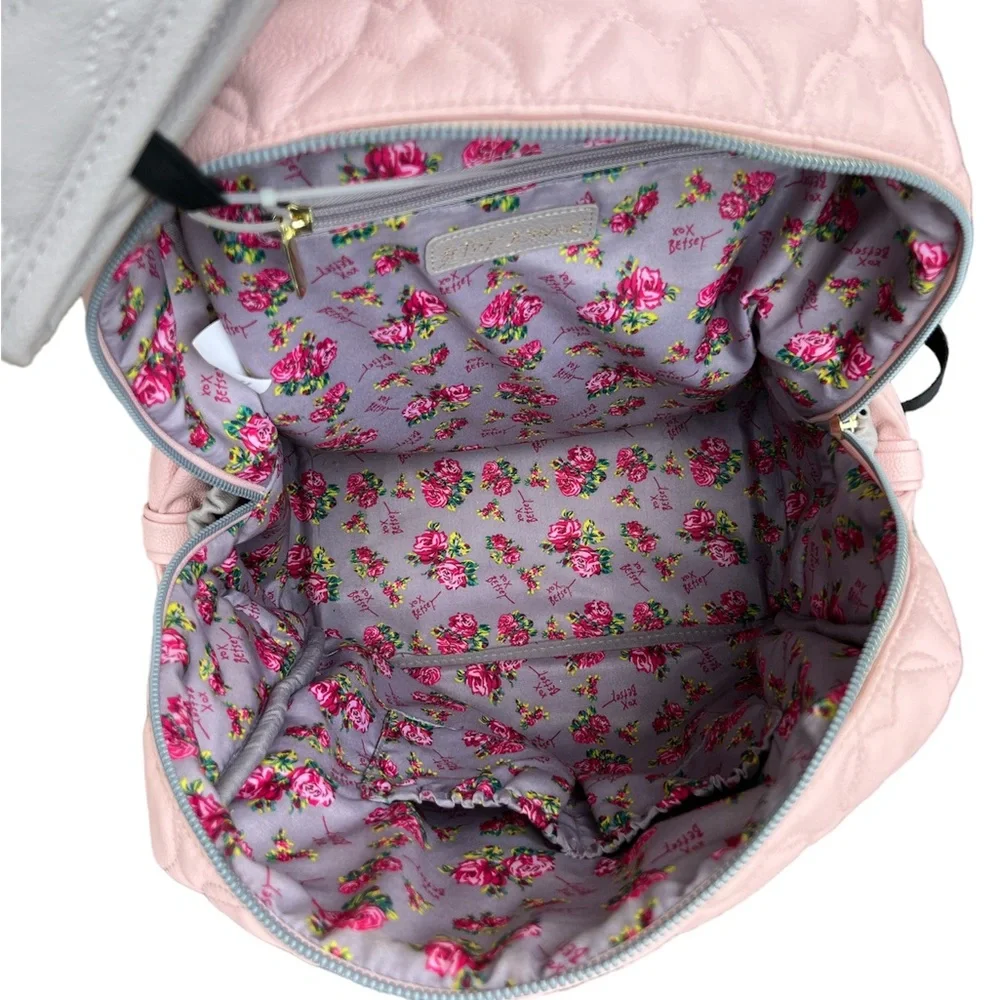 Betsey Johnson Pink and Gray True to Your Heart Quilted Backpack Diaper‎ Bag